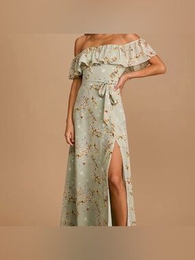 Lulu's Sage Green One-Shoulder Floral Maxi Dress